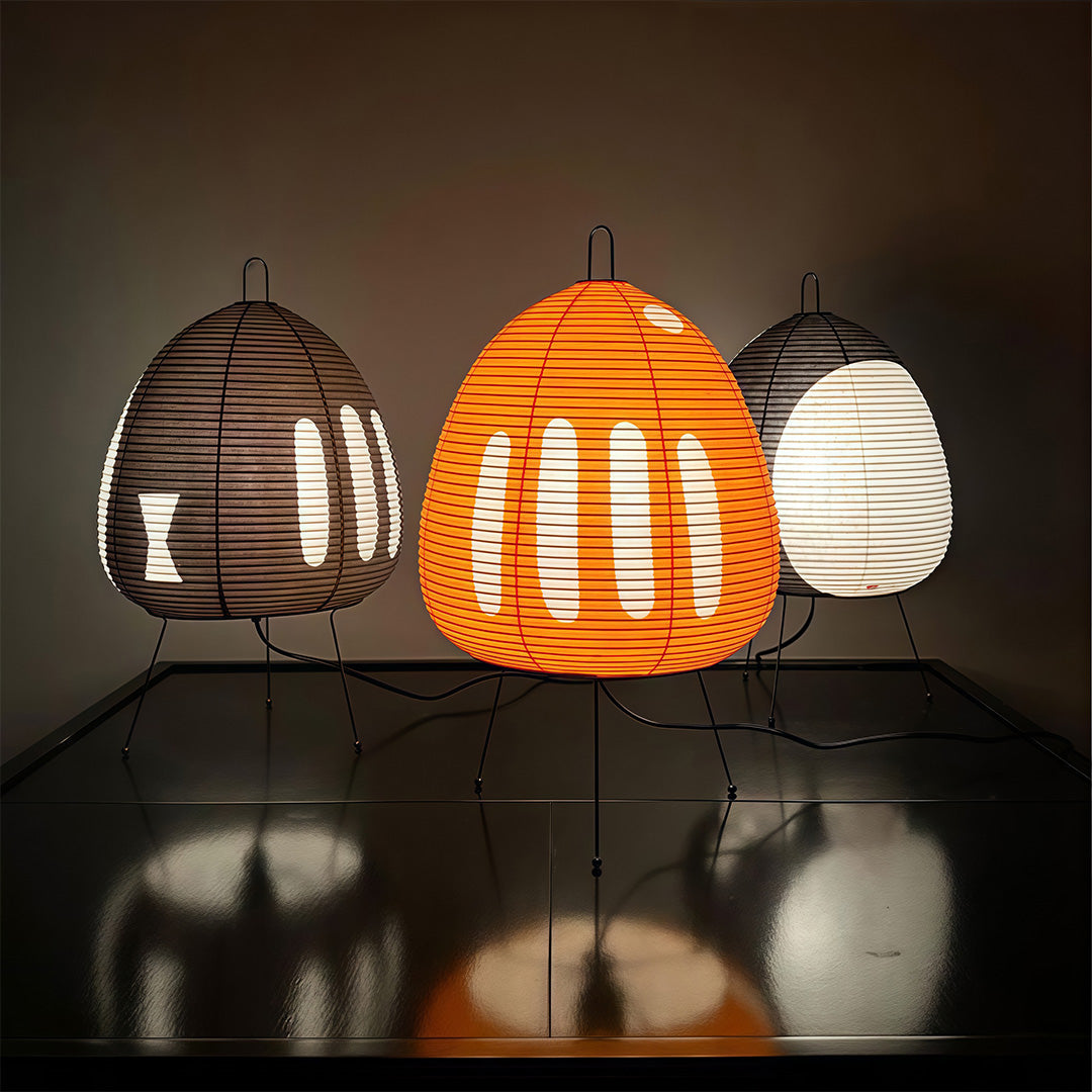 Close-up of stacked rice paper table lamp, detailed view of intricate paper design