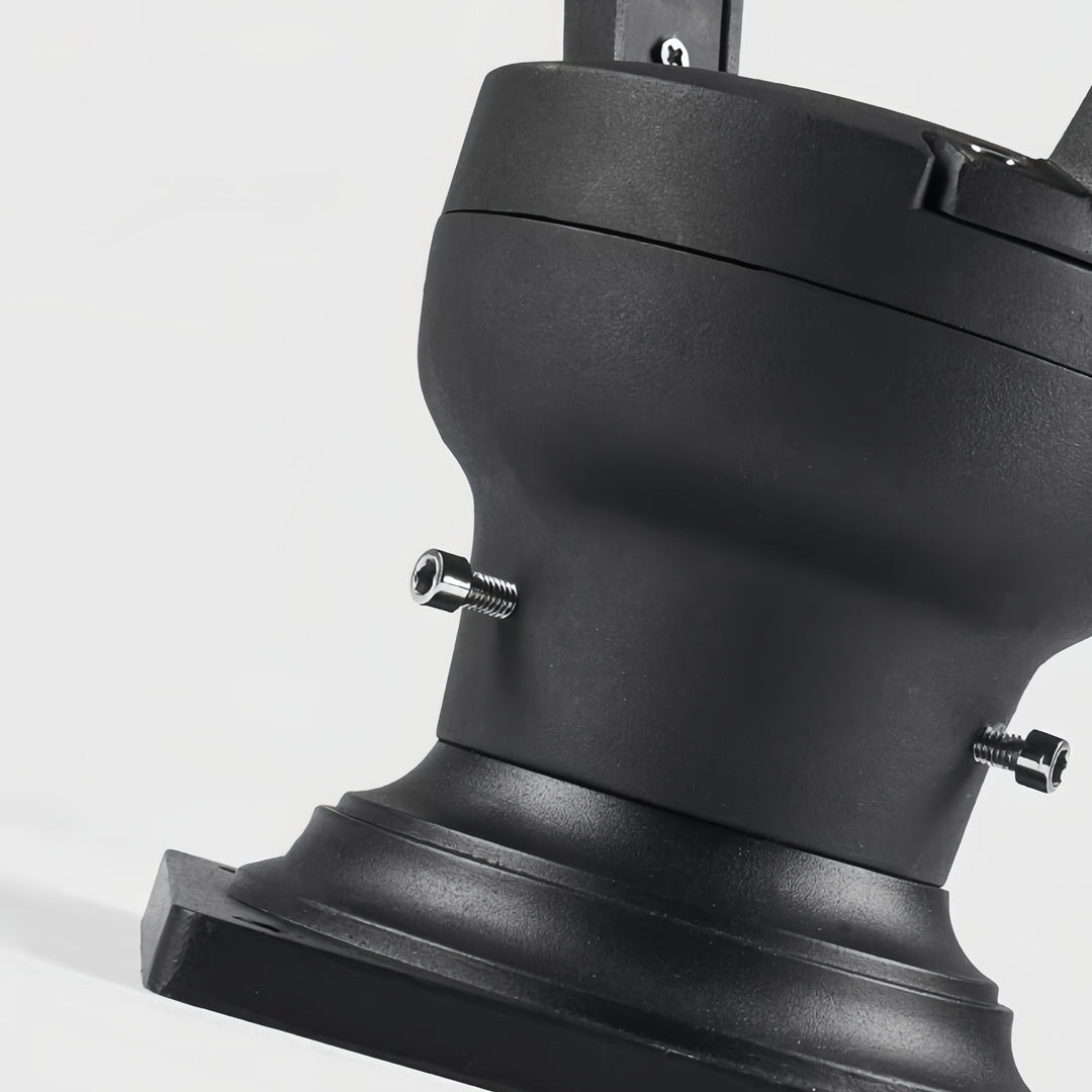 Close-up of the textured black finish on the durable aluminum base of the external pillar lights fixture.