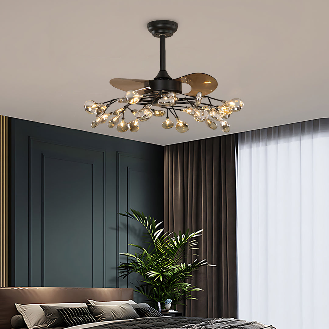 Glam ceiling fan with light installed in sophisticated living room with teal walls and modern furniture