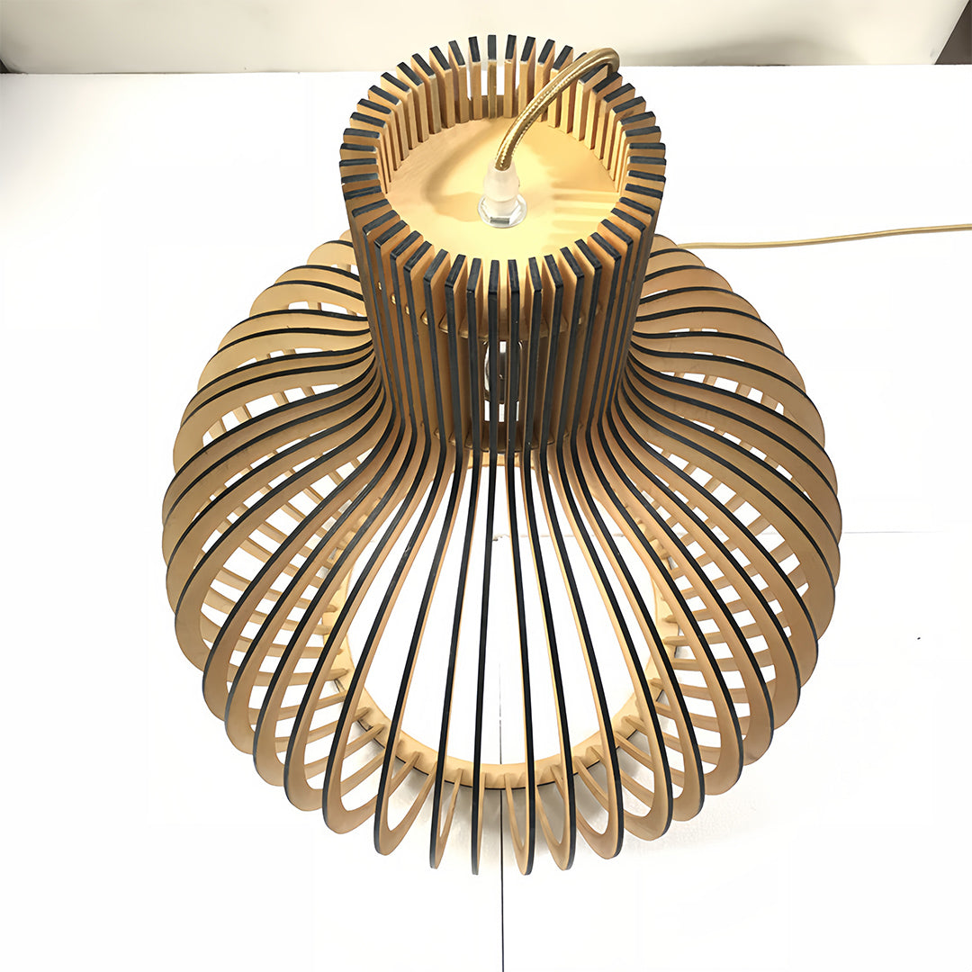 Close-up of wooden bird cage pendant light, detailed view of rustic and contemporary design