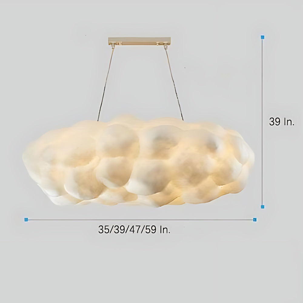 Cloud-shaped pendant light with adjustable wire length measurement.