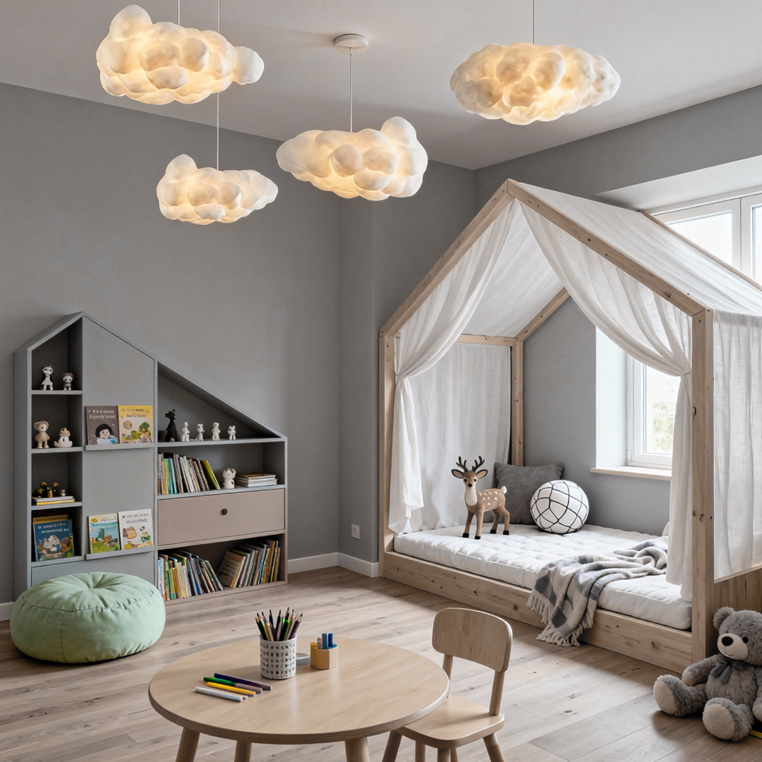 Cloud pendant lights suspended above a child-friendly reading and play area.