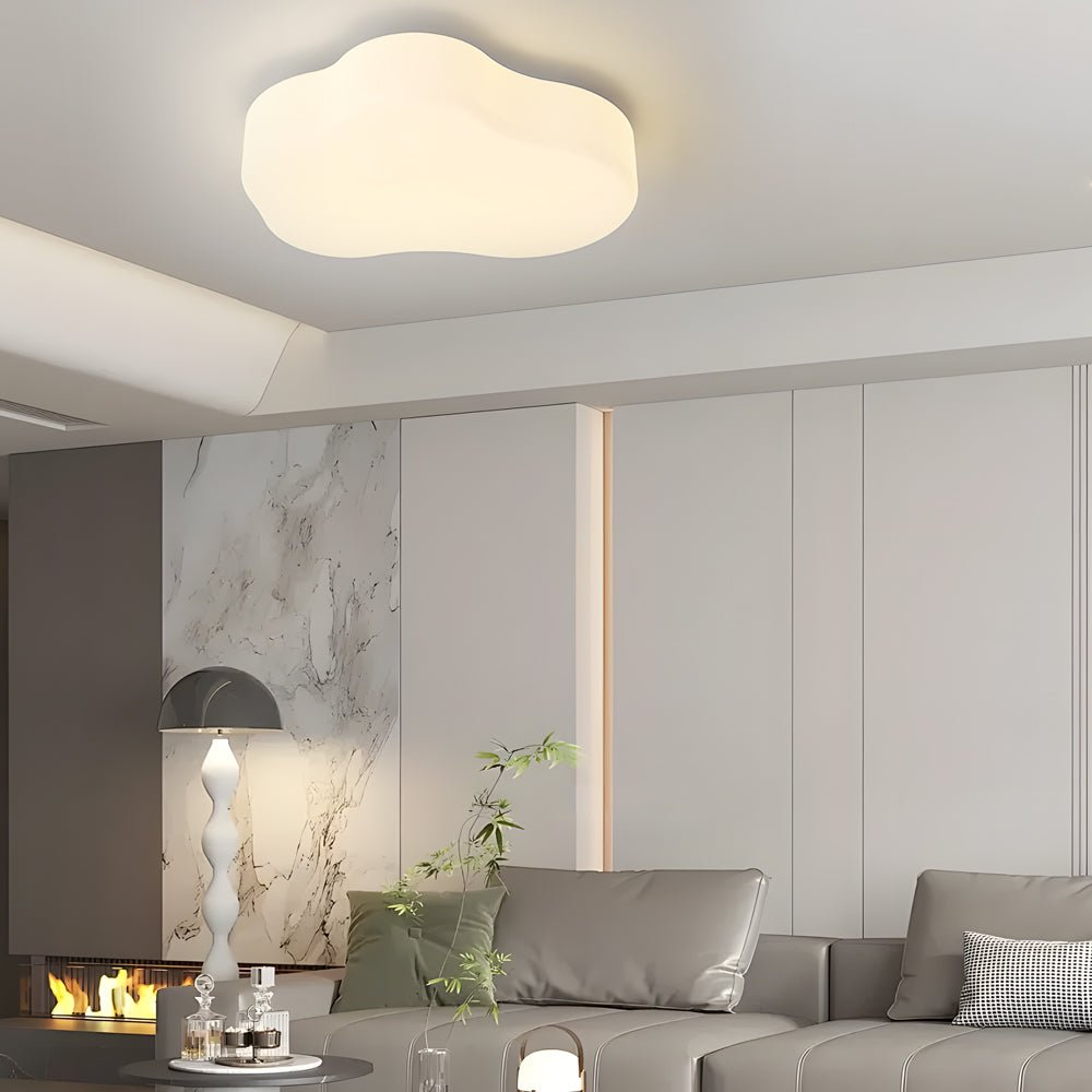 Contemporary cloud shaped ceiling light in a living room, offering a gentle and elegant design that suits any modern home decor.