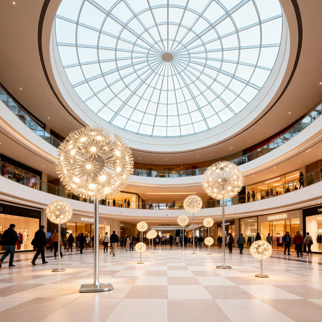 Cluster of dandelion garden lights outdoor creating warm ambiance in modern yard.