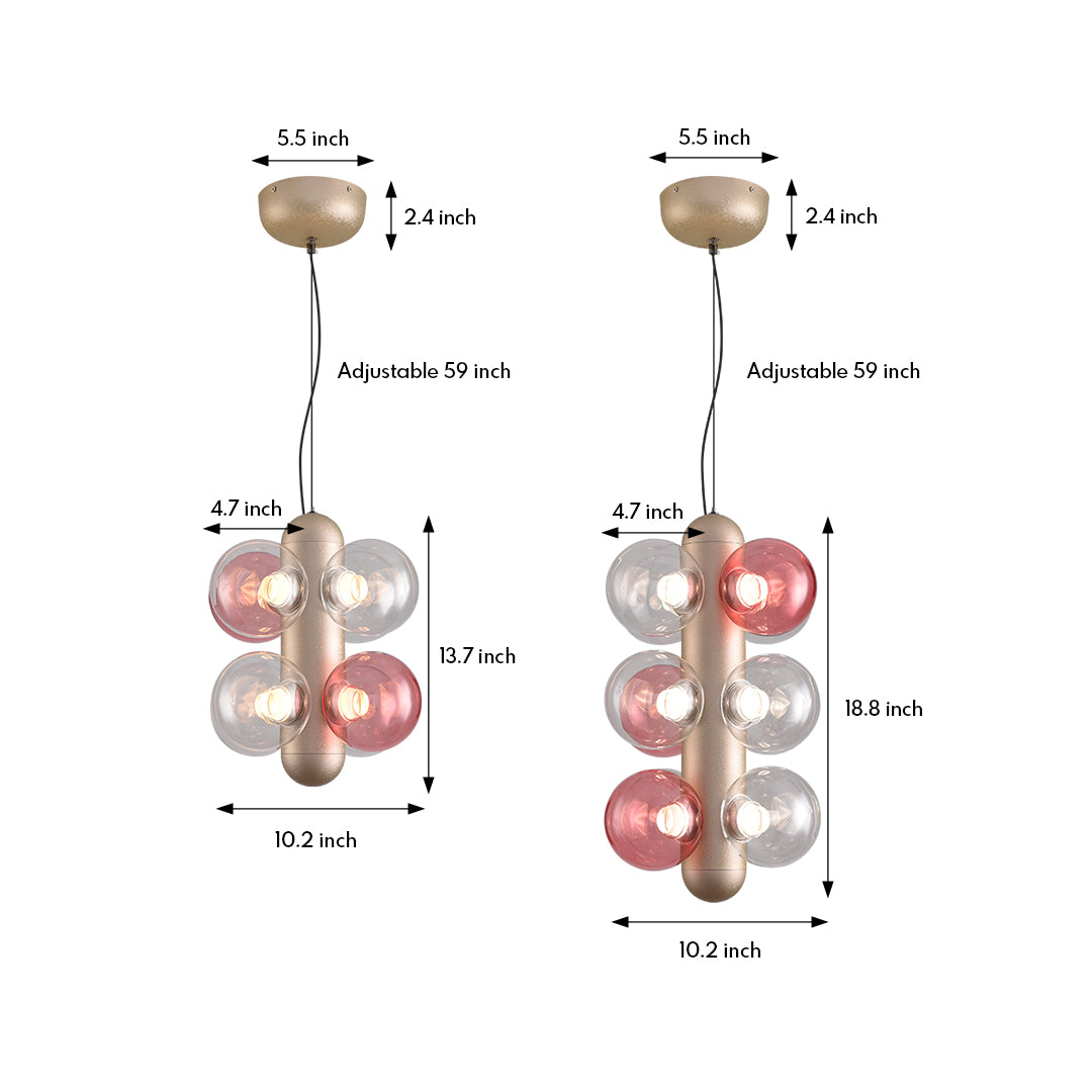 Technical specification drawing showing dimensions for cluster pendant light with multiple glass spheres