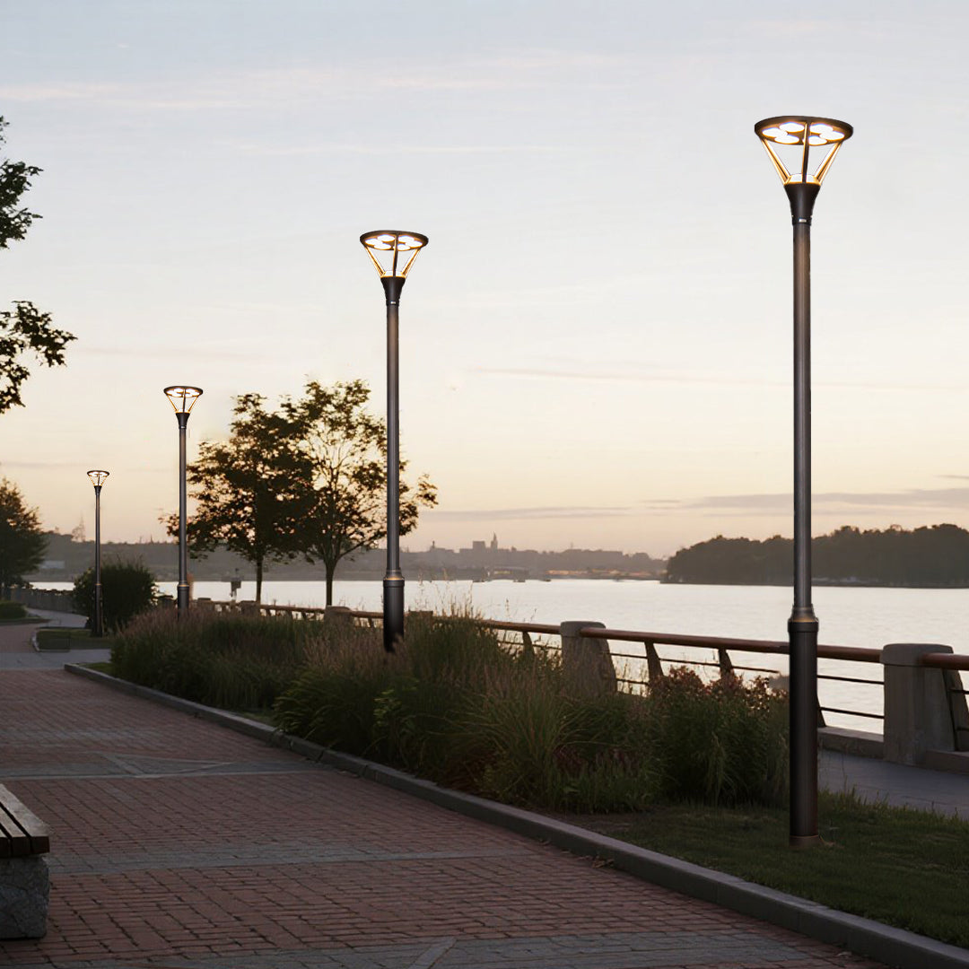 Coastal promenade lighting with decorative fixtures providing scenic waterfront illumination