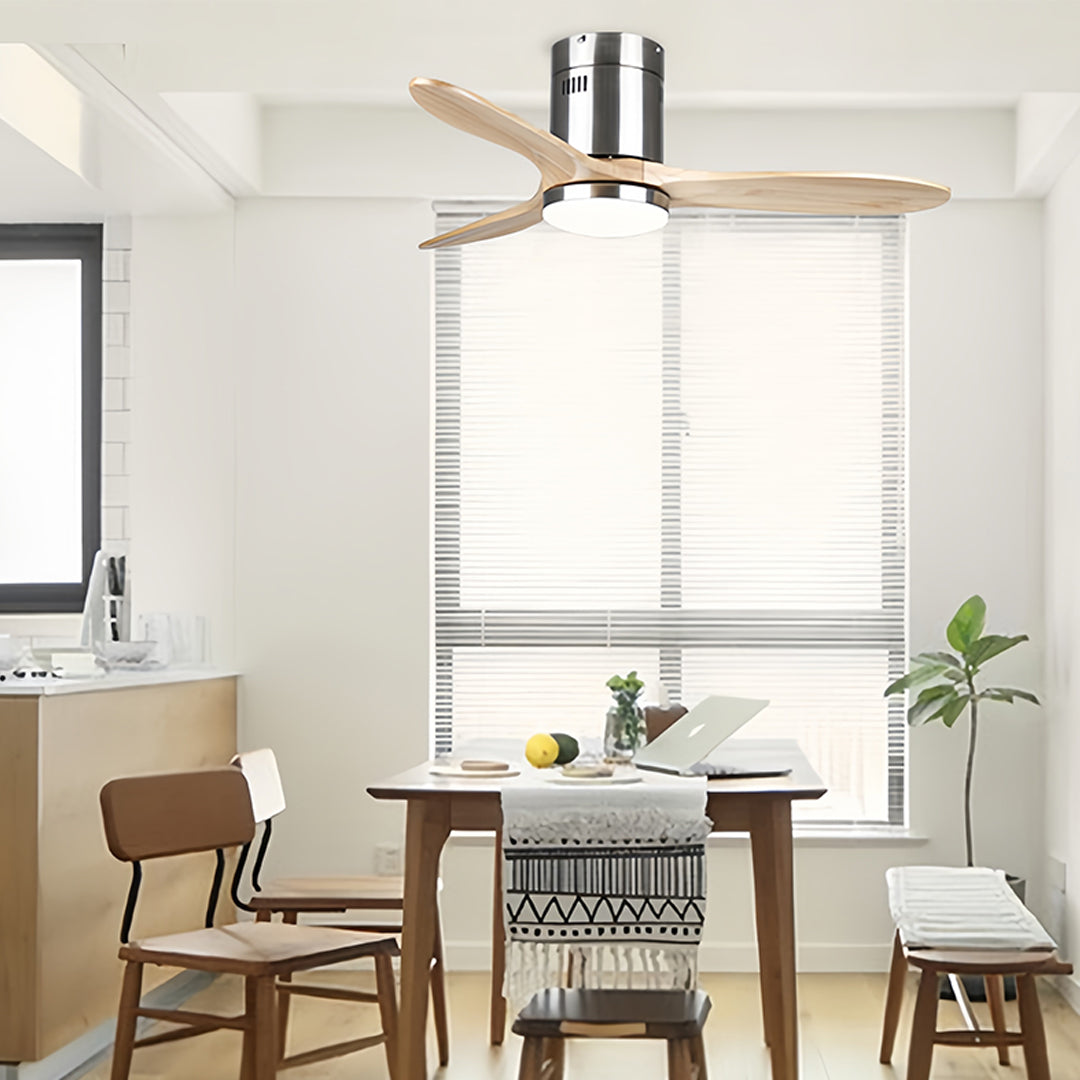 Coastal-style wooden ceiling fan with light in weathered finish for relaxed interiors