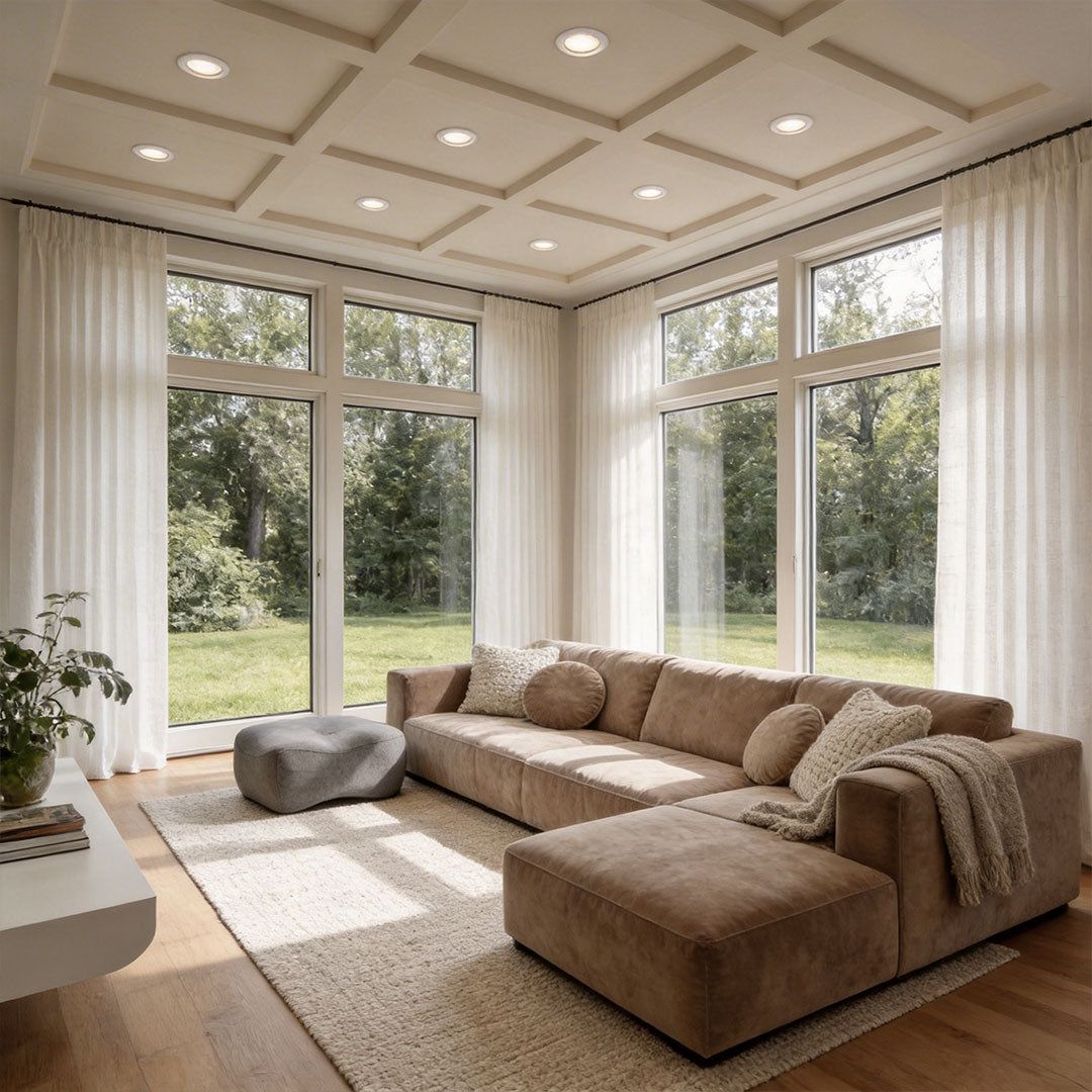 Large living room with warm recessed ceiling spotlights set in a decorative coffered ceiling.