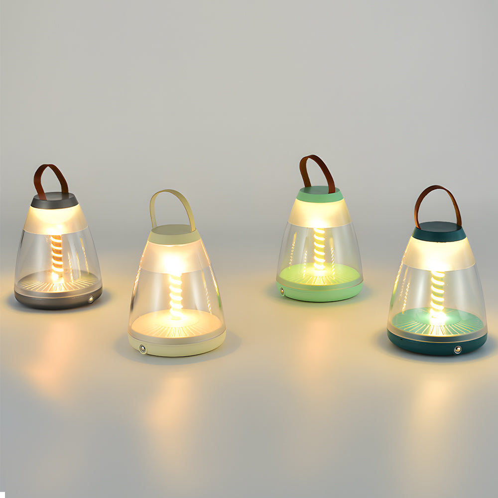 Collection of battery powered outdoor table lamps with warm LED lighting creating ambient illumination in various cone designs