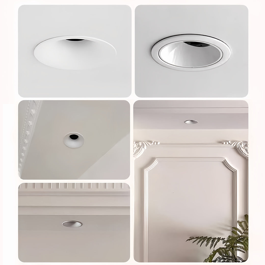 Collection of trimless recessed downlight variations showing different trim options and finishes