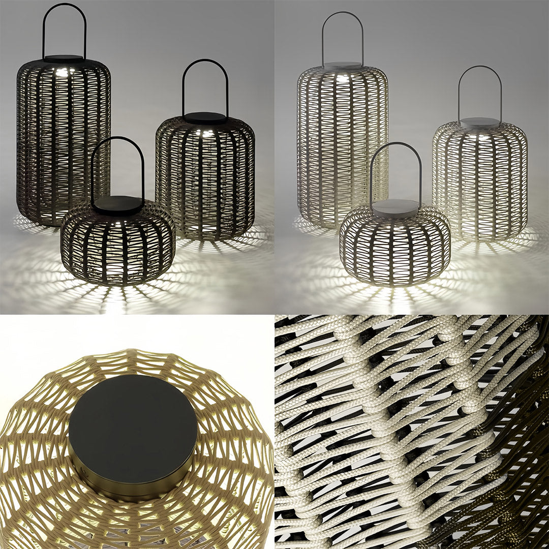 Collection of outdoor LED lantern fixtures in various cylindrical and dome shapes, showing the intricate wicker-style weave texture.