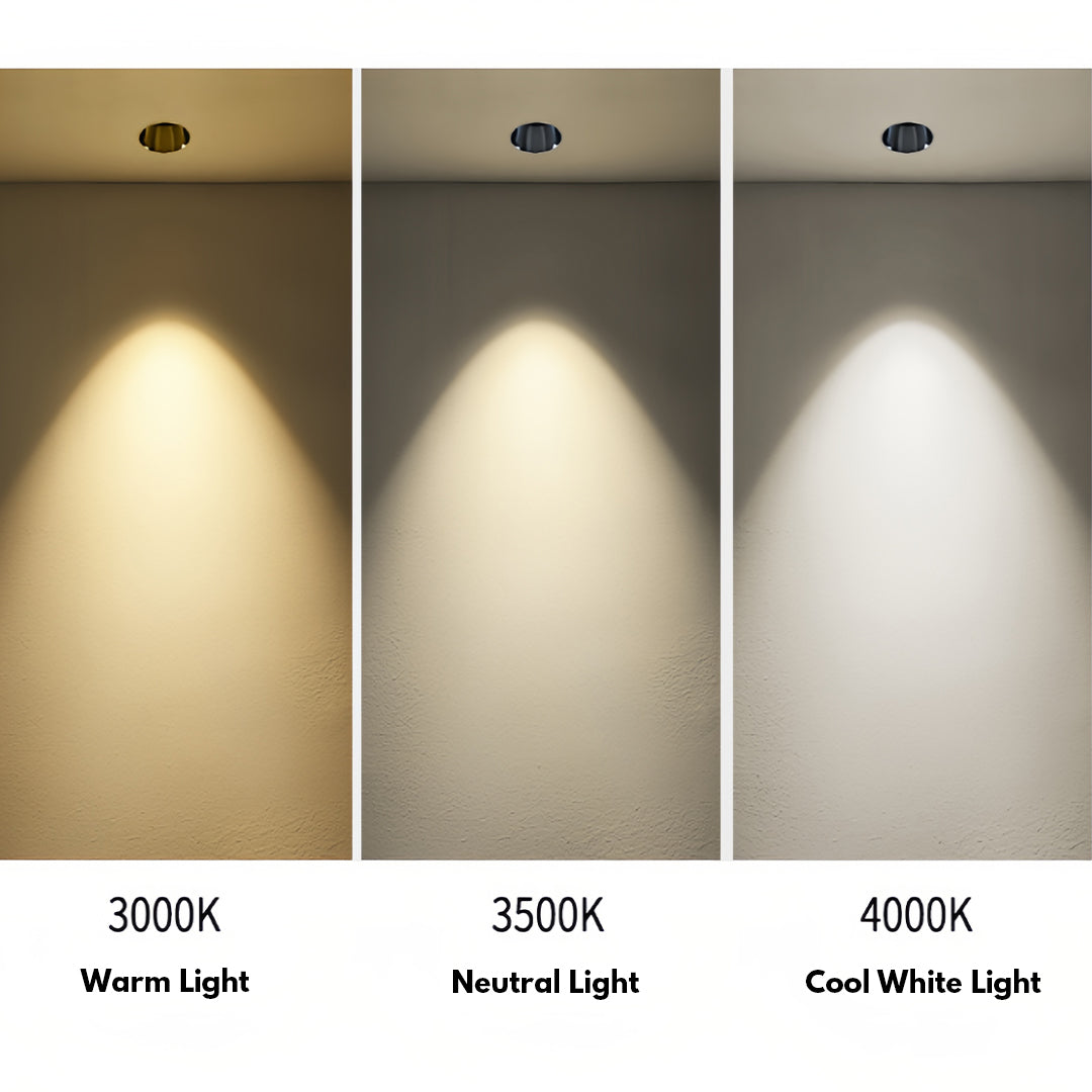Color temperature comparison of indoor LED spotlight with glass shade chandelier design showing warm, neutral, and cool white options.