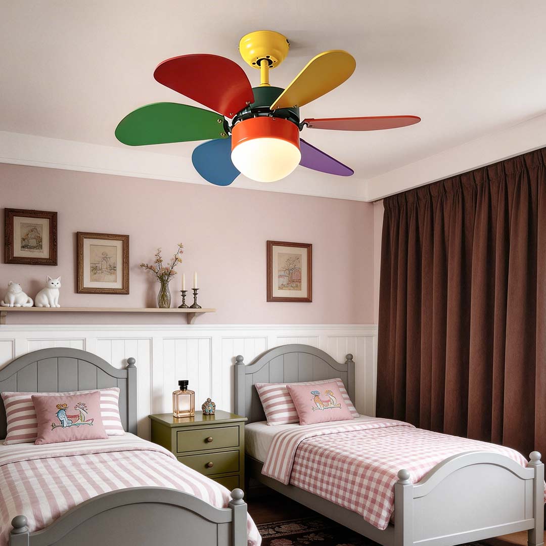Colored fan with light providing ambient light in a stylish kids' room with colorful blades.