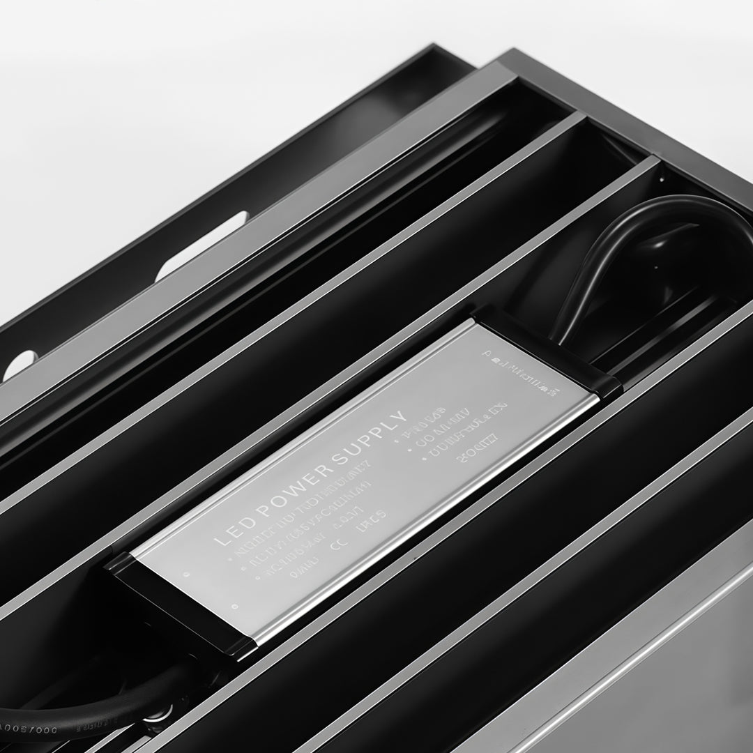 Close-up of colored flood lights showing heat sink structure and outdoor LED component detail.