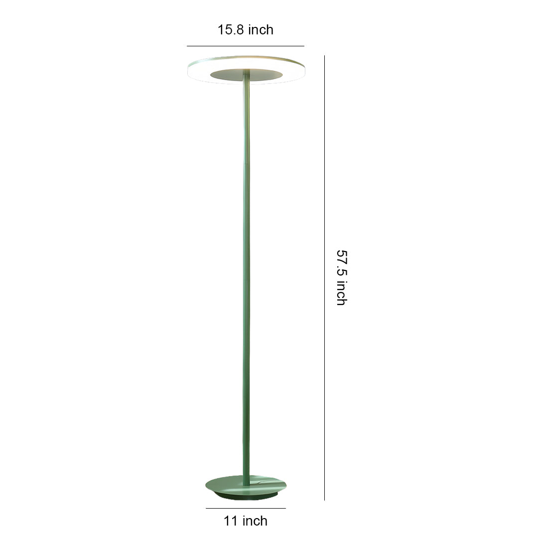 Technical specification drawing of minimalist colored floor lamp with green base and circular LED top