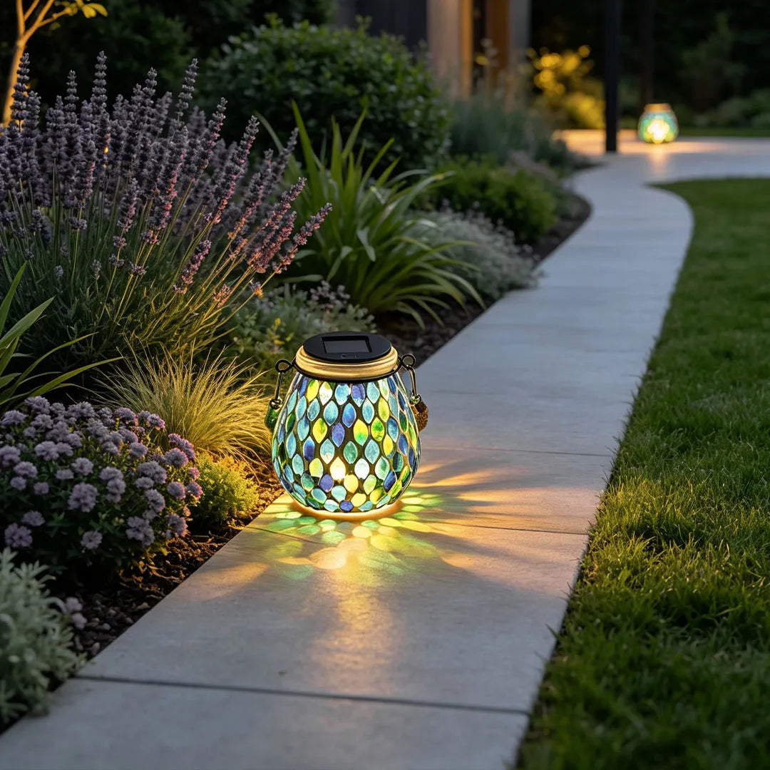 Colored landscape lights illuminating a garden pathway with a blue mosaic solar lantern beside flowering plants.