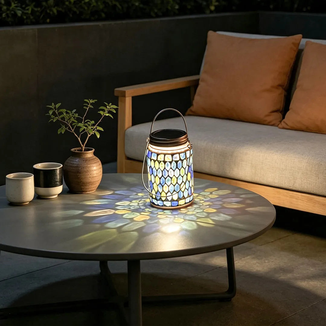 Colored landscape lights showing a mosaic lantern on an outdoor coffee table with a colorful projected glow.