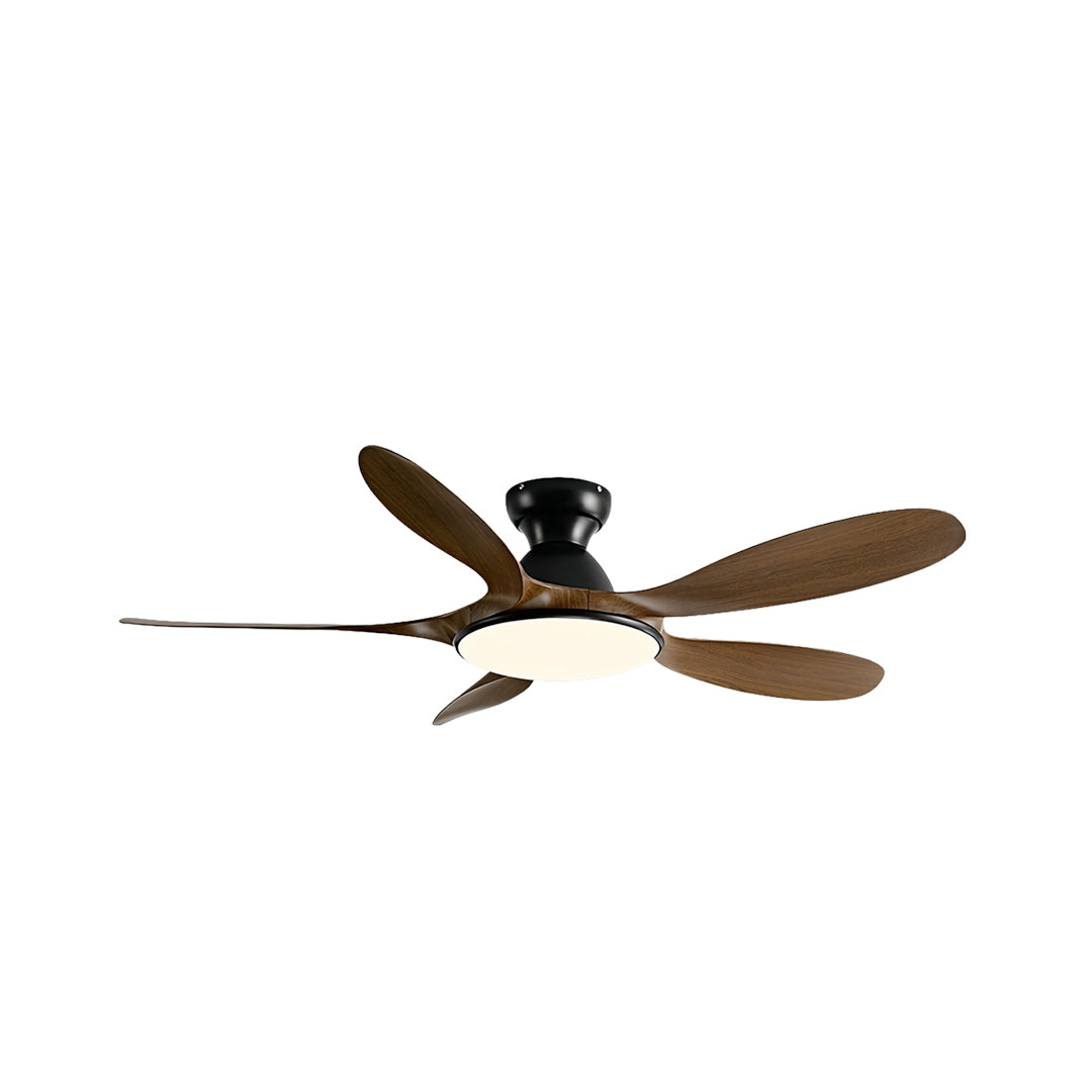 Colorful 5 blade ceiling fan with light installed in whimsical children's bedroom with pink walls