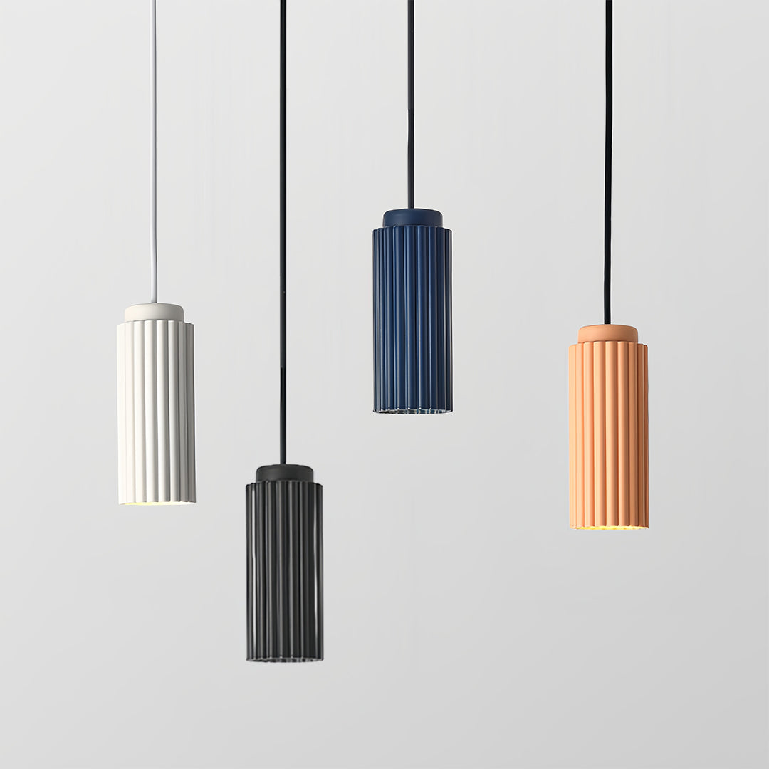 Collection of colorful cylindrical metal pendants light featuring white metal pendant designs