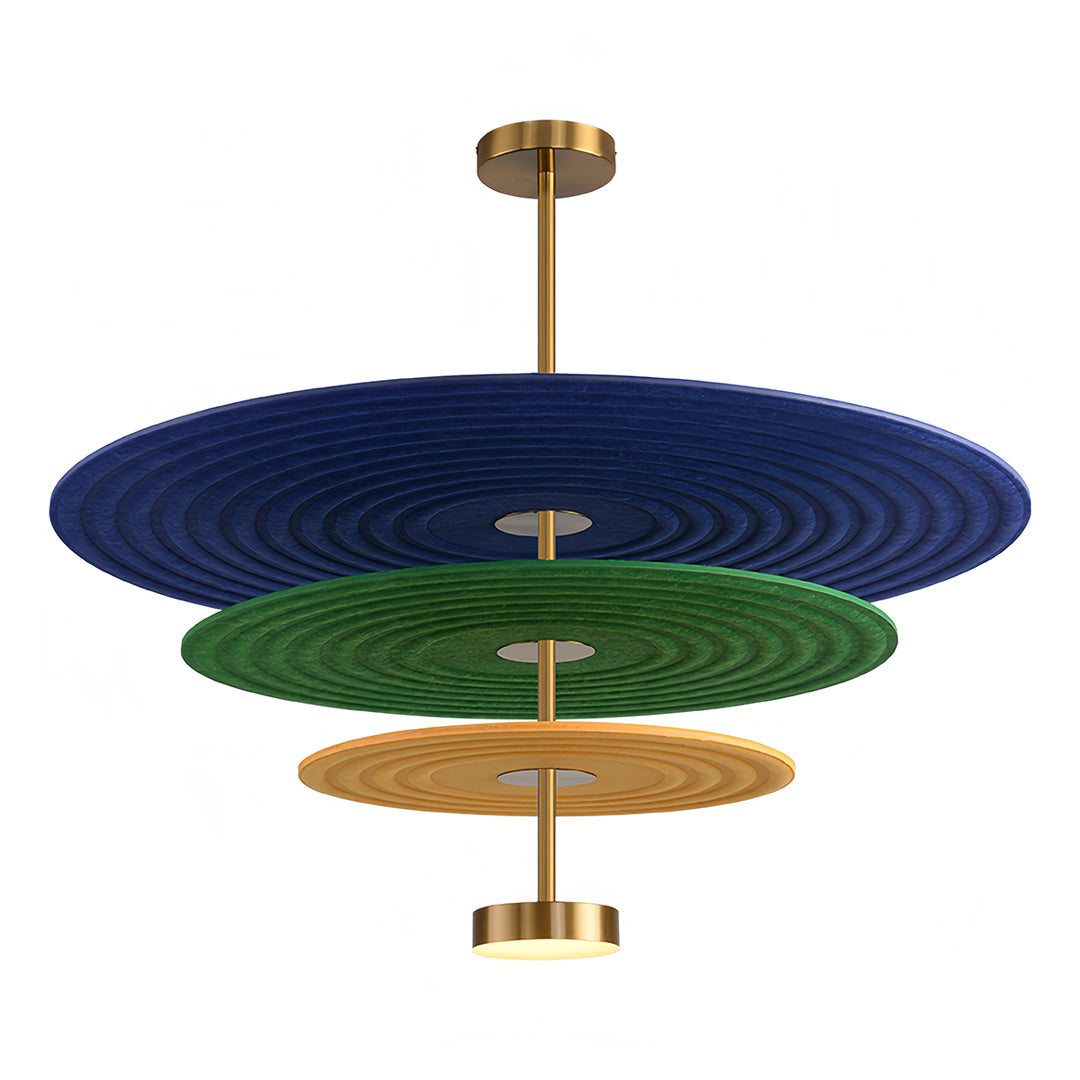 Isolated studio image of a colorful 3 tier chandelier featuring blue, green, and yellow felt discs suspended by a brass rod.