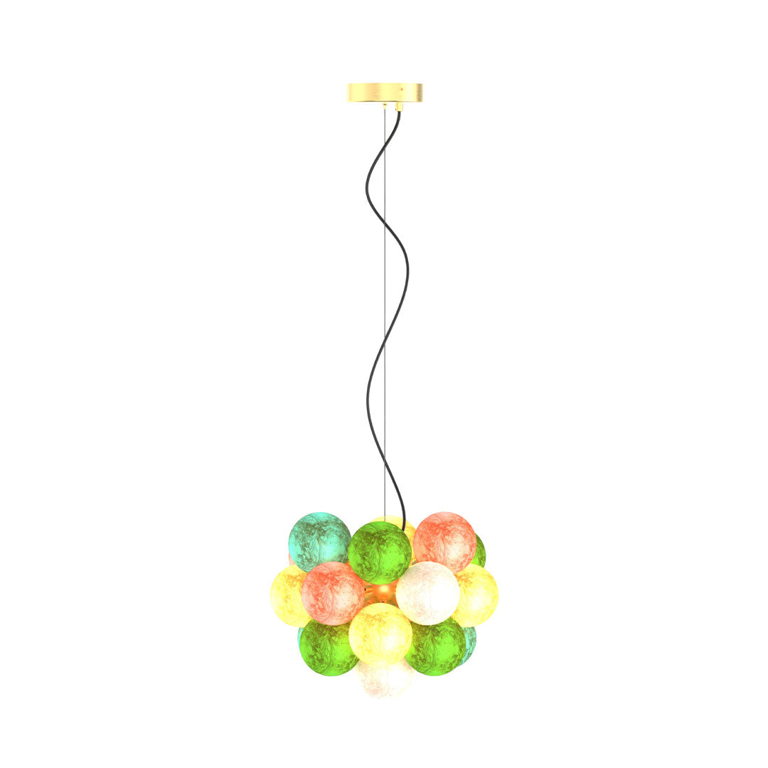 Alternative arrangement of colorful glass chandelier cluster with vibrant mixed glass shades.