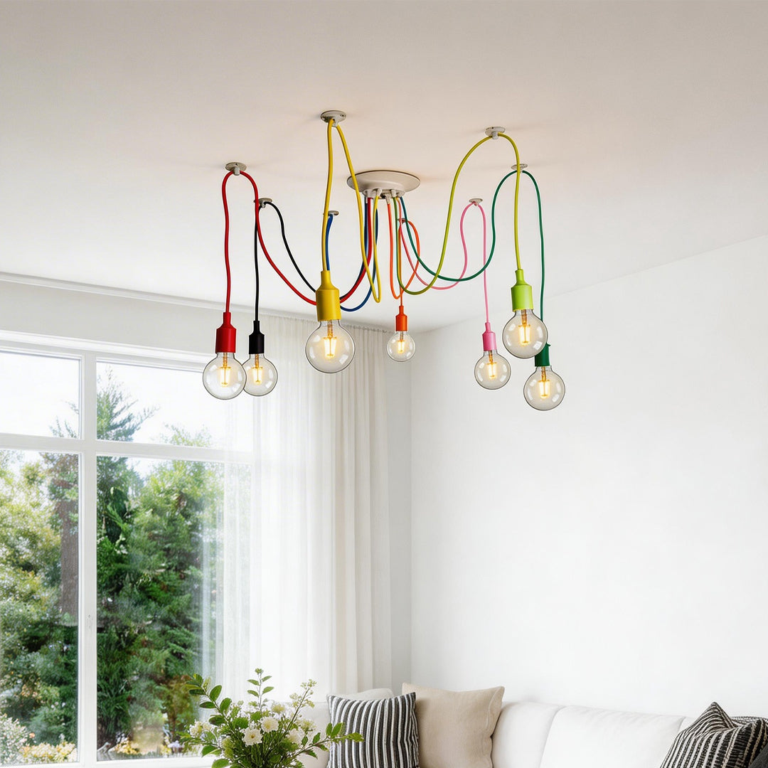 Colorful multi-arm spider chandelier for a bright modern living room.