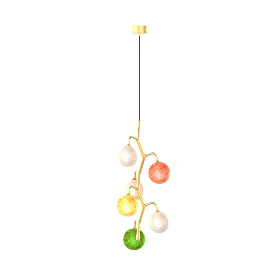 Modern coloured glass chandelier with multiple globes arranged asymmetrically.