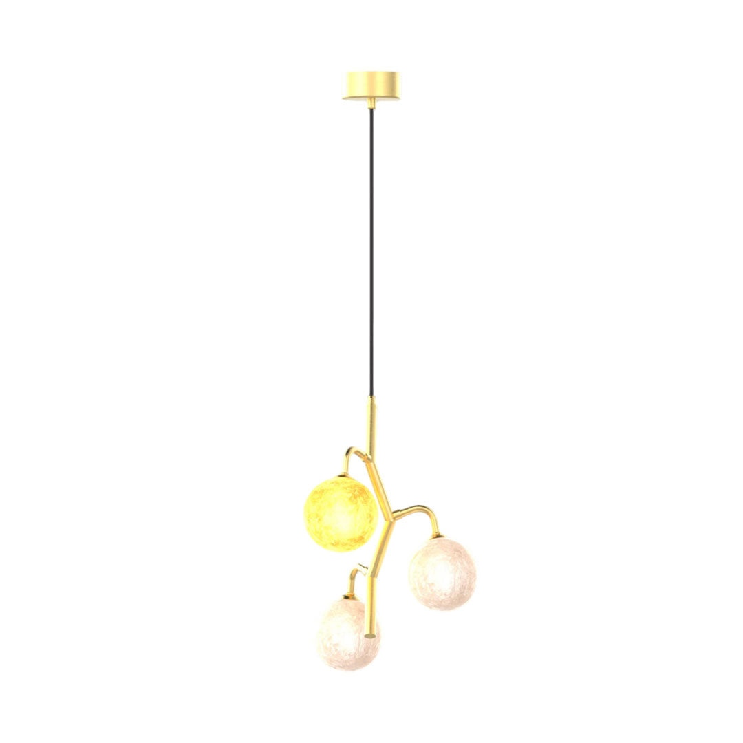 Minimal coloured glass chandelier with vertical branch design on white background.