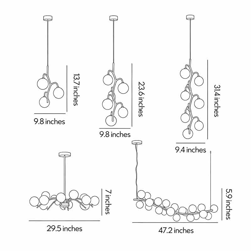 Technical drawing of coloured glass chandelier with dimensions for installation reference.