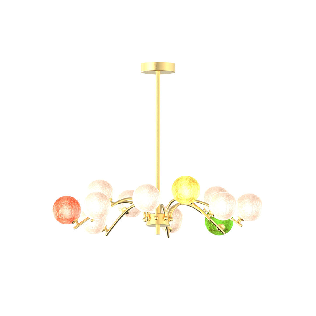 Wide horizontal coloured glass chandelier with multiple globe lights.