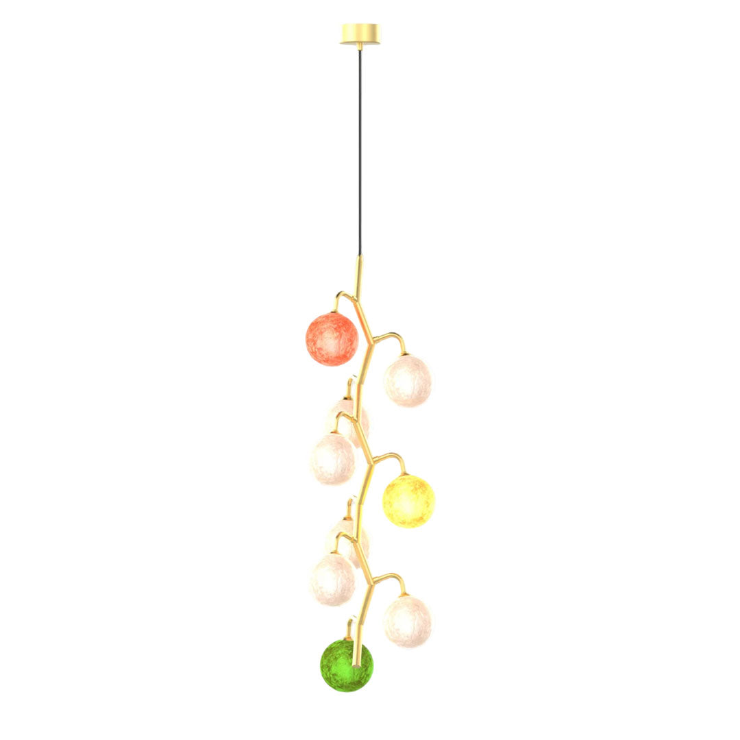 Coloured glass chandelier with extended vertical structure and mixed color globes.