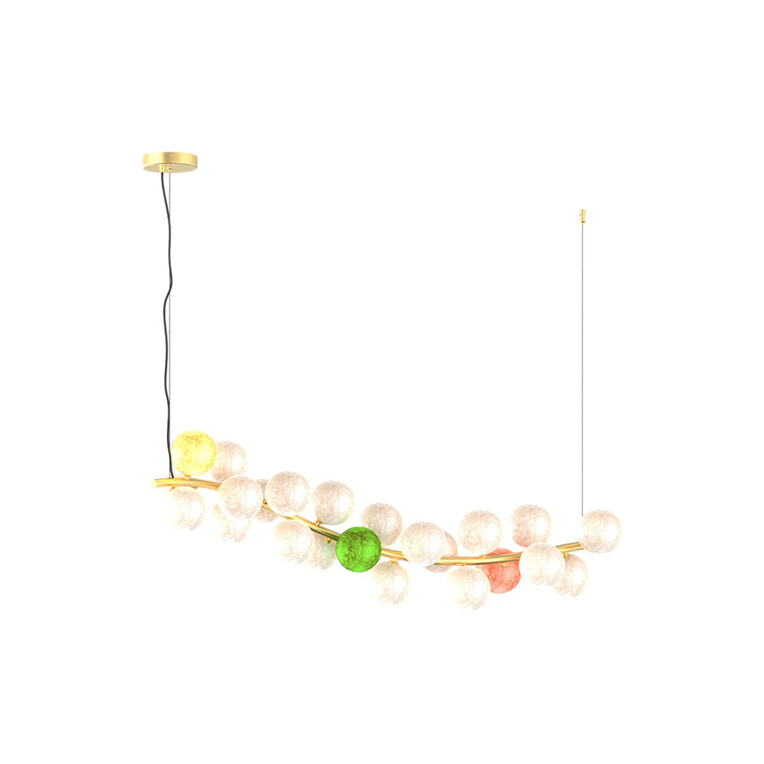 Modern coloured glass chandelier isolated on white background with multiple globes.