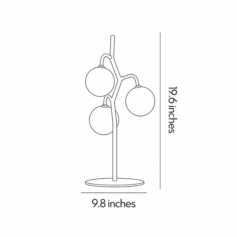 Technical drawing of coloured glass table lamp with dimensions for reference.