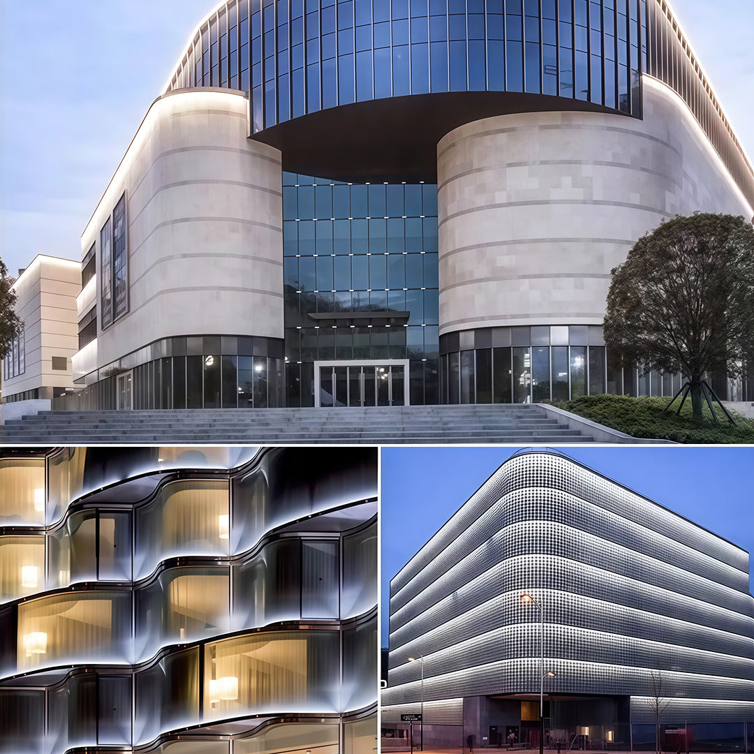 Commercial DIY wall wash lighting with glass shade chandelier styling highlighting contemporary architecture and curved structures.