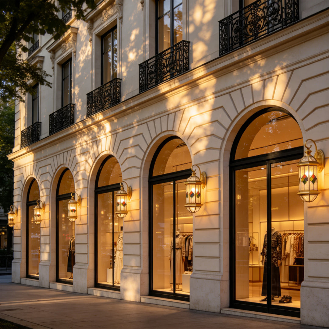 Upscale commercial exterior featuring multiple Outdoor Lantern Wall Lights along a sophisticated architectural facade.