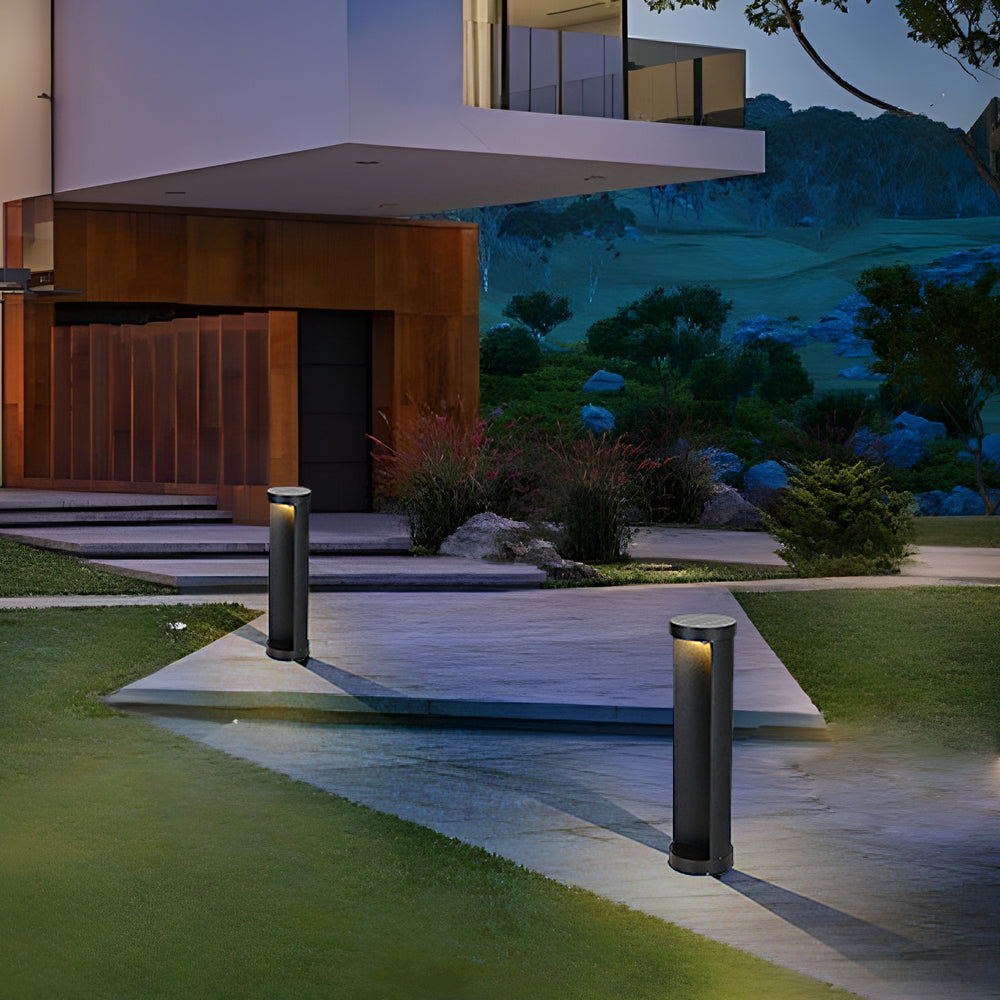Commercial LED bollard lights with a close-up of their solar panel and design.