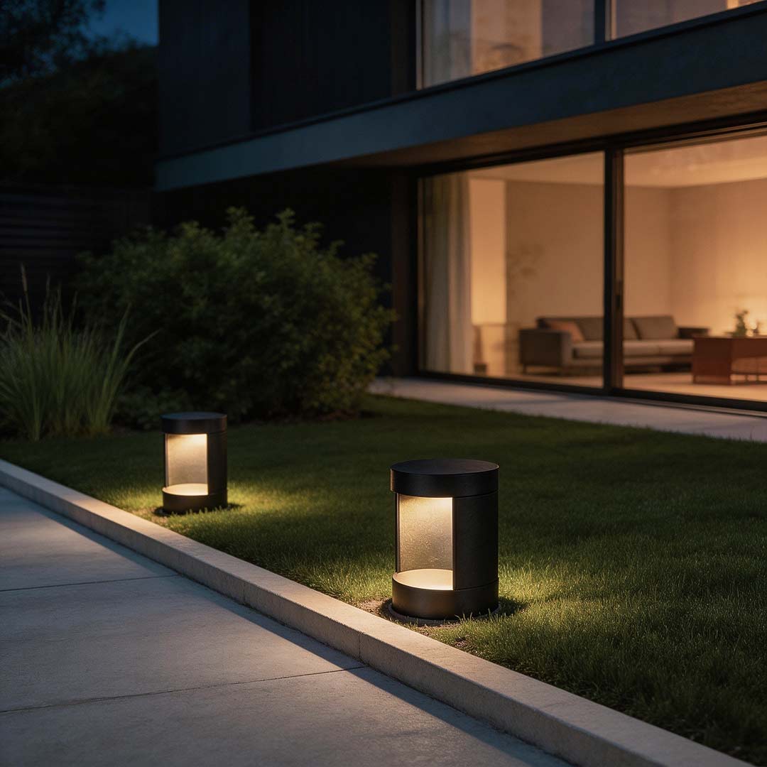 Commercial LED bollard lights enhancing a contemporary outdoor walkway with ambient light.