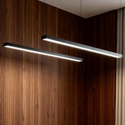 Commercial linear pendant lighting mounted near a wood accent wall.