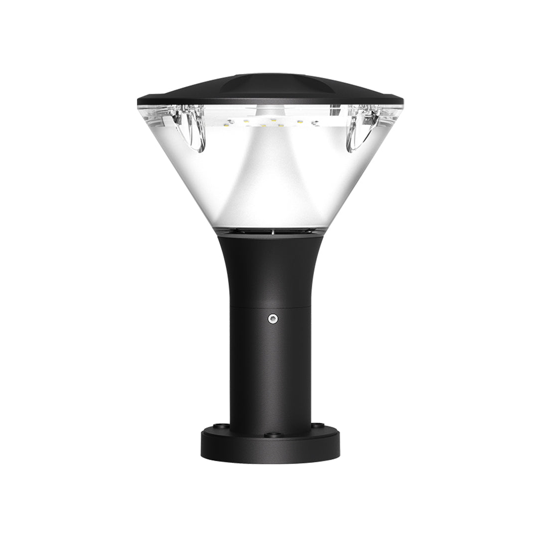 Tall black post light with transparent funnel-shaped top for area illumination