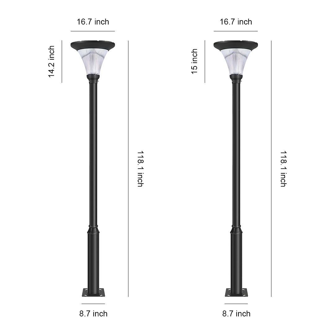 Commercial streetlight illuminating a park area during the night.
