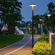 Sleek streetlight offering ambient lighting along a community walking trail.