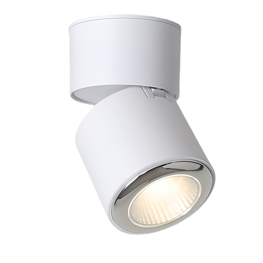 Compact adjustable spotlight in white with focused beam and textured reflector detail