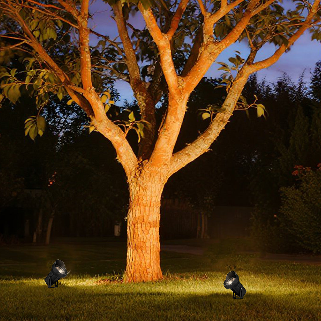 Compact LED spotlight with adjustable head and weatherproof design for versatile garden lighting