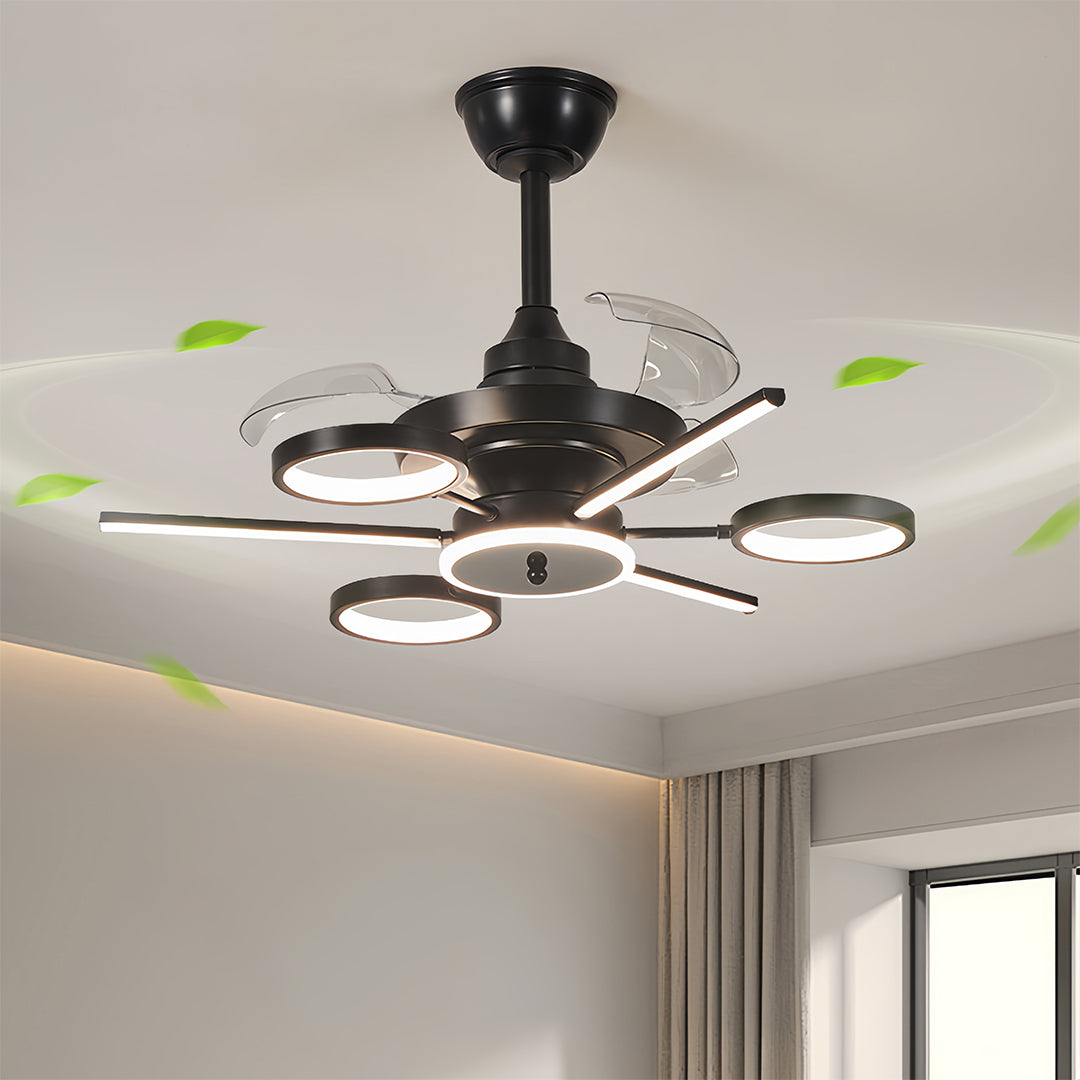 Stylish ceiling fans with multiple lights in black, featuring a compact and elegant design for modern interiors