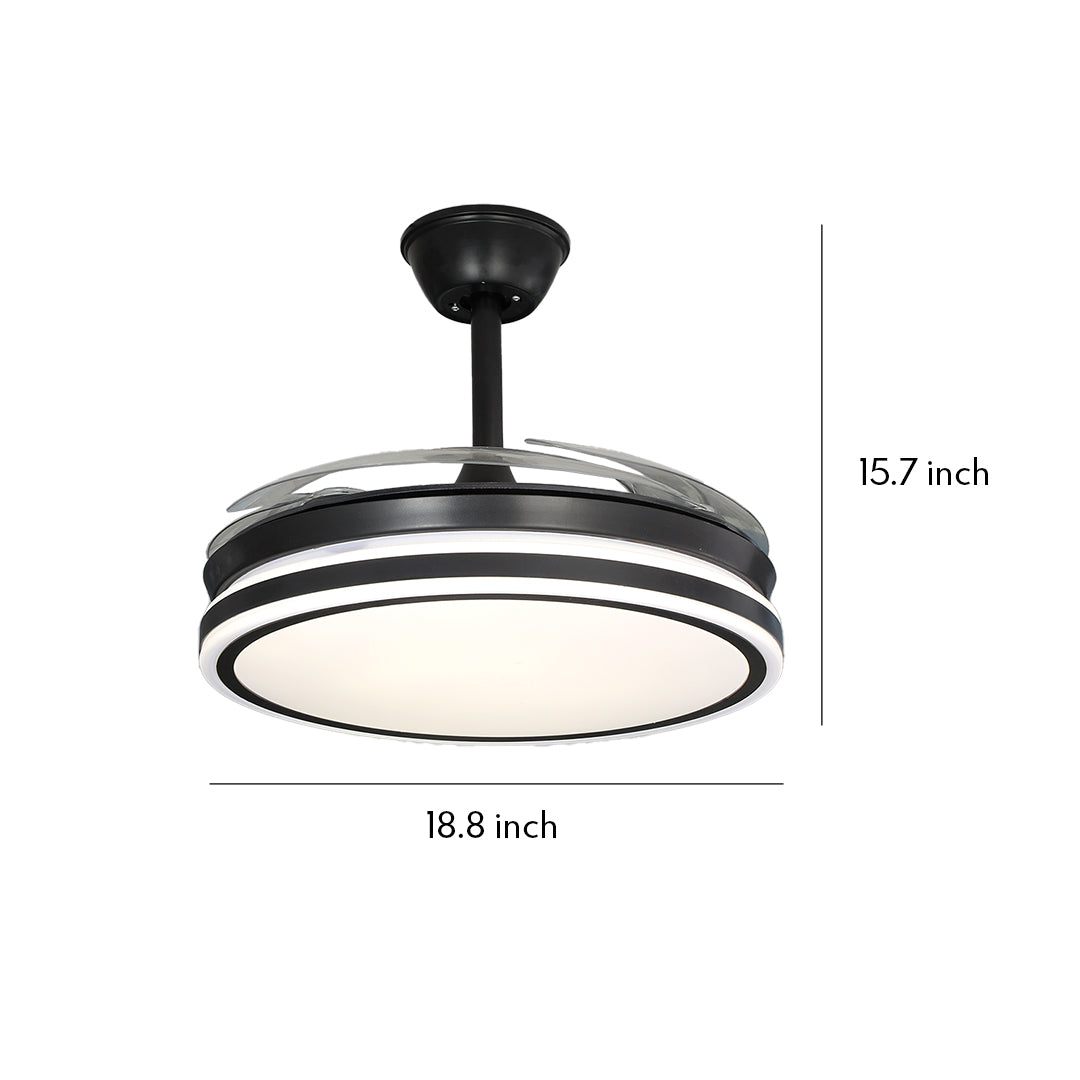 Compact black ceiling fan with lights showing 18.8 inch width and 15.7 inch drop 