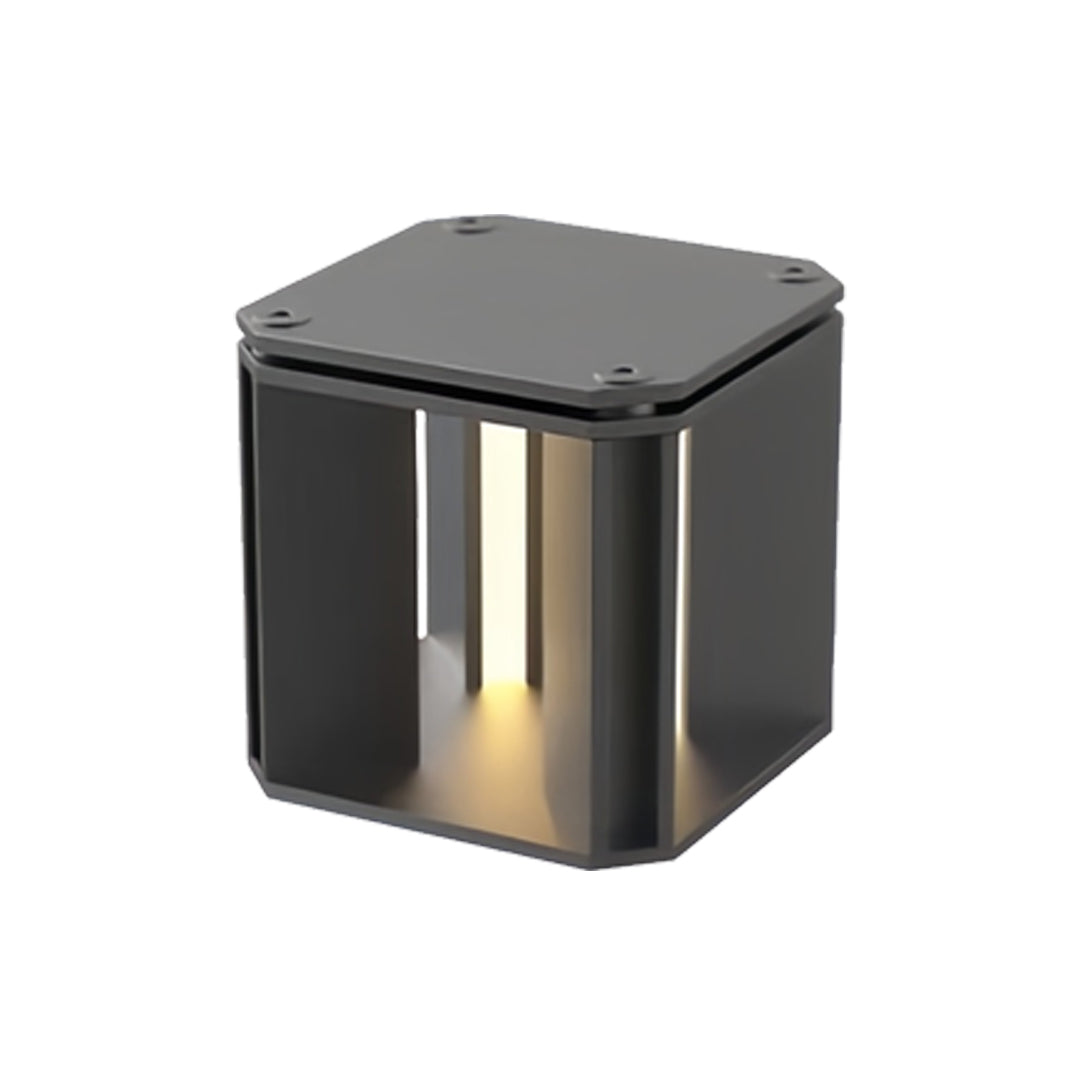 Compact black cube main gate pillar light design with soft downward illumination for gate entrances.