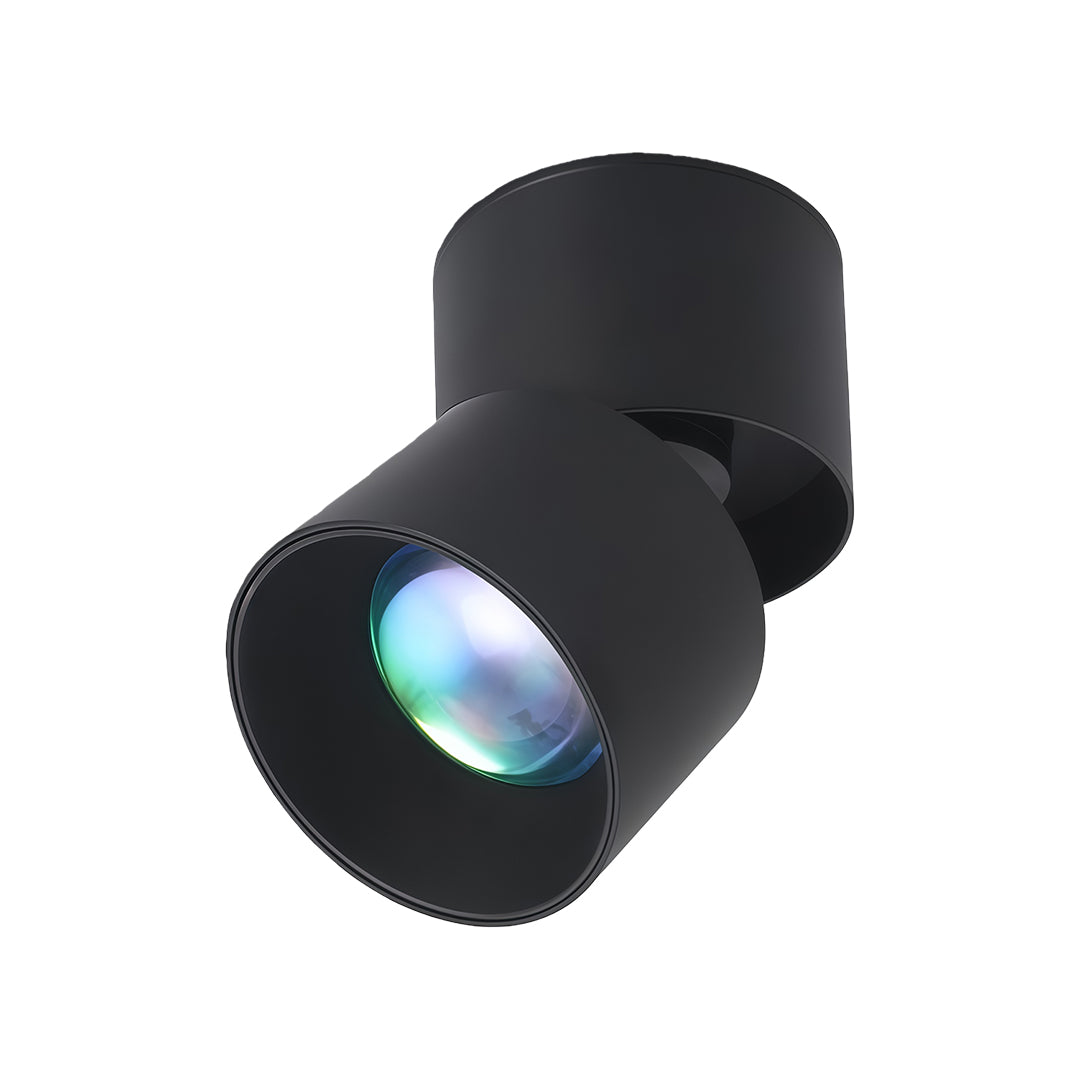 Compact black LED ceiling spotlights featuring glass shade chandelier influenced rainbow optics for dynamic lighting effects.