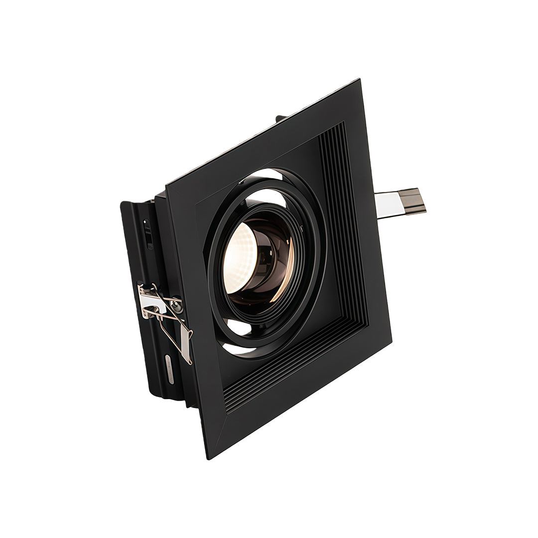 Compact black LED indoor spotlight with dual heads and glass shade chandelier influenced directional beam control.