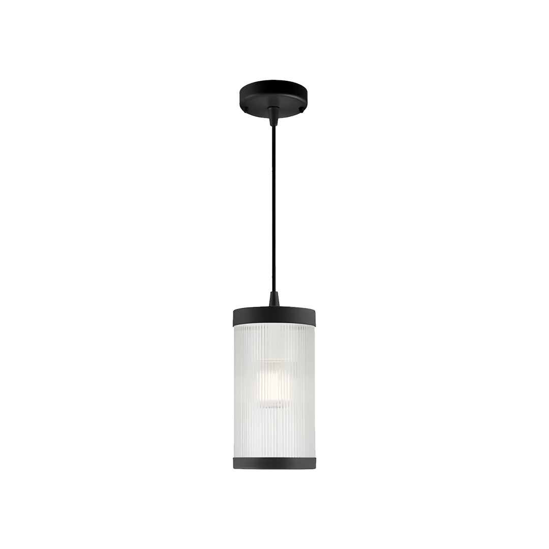 Sleek compact outdoor pendant light fixture featuring a black mounting base and translucent body for modern exteriors.