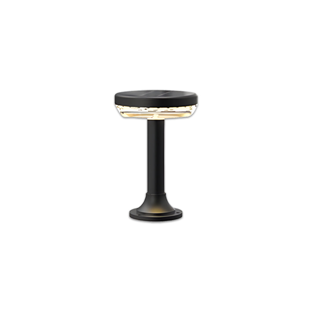Compact black path light solar fixture with minimalist cylindrical design.
